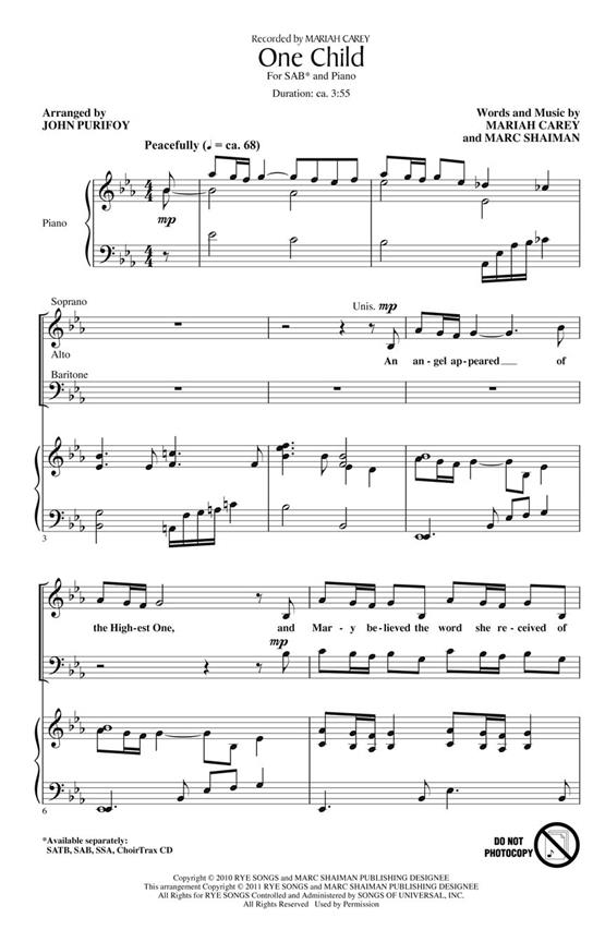 CAREY MARIAH/SHAIMAN MARC ONE CHILD (PURIFOY JOHN) SAB CHORAL