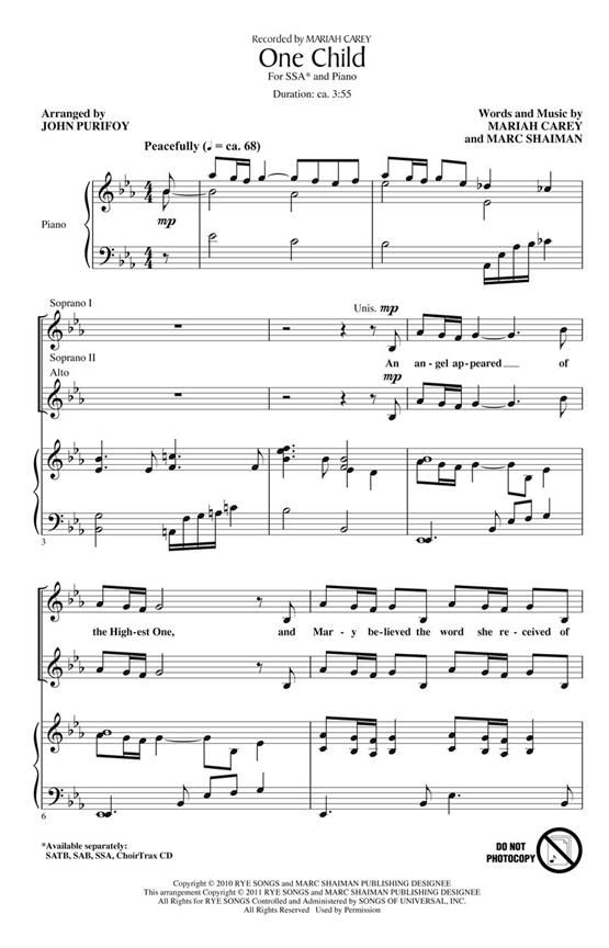 CAREY MARIAH/SHAIMAN MARC ONE CHILD (PURIFOY JOHN) SSA CHORAL