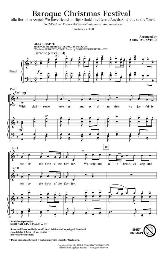 BAROQUE CHRISTMAS FESTIVAL MEDLEY (SNYDER AUDREY) 2 PART CHORAL