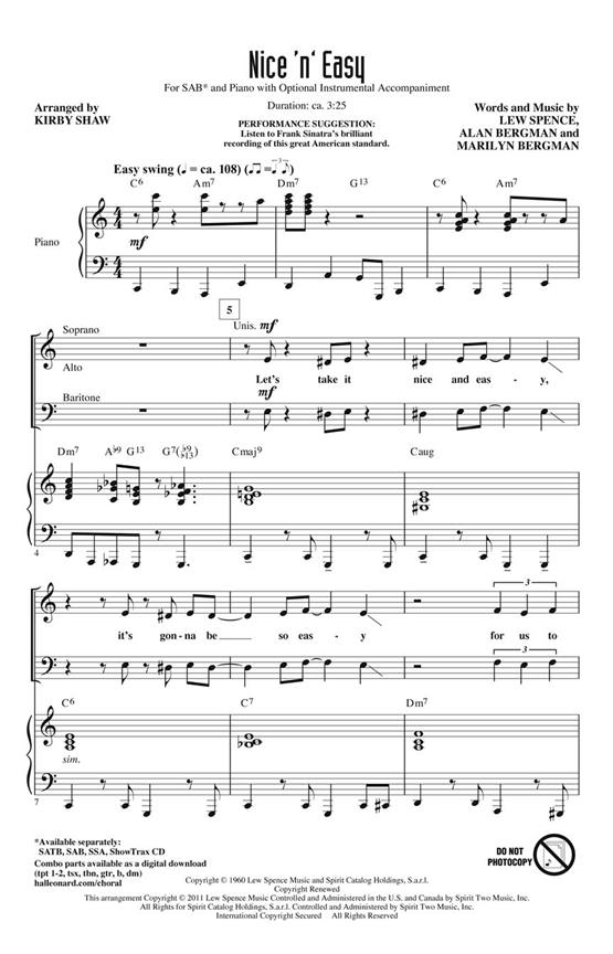 SPENCE/BERGMAN NICE N EASY (SHAW KIRBY) SAB CHORAL