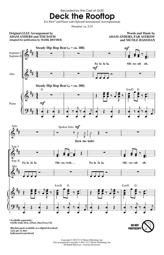 DECK THE ROOFTOP FROM GLEE (BRYMER MARK) SSA CHORAL SHEET MUSIC
