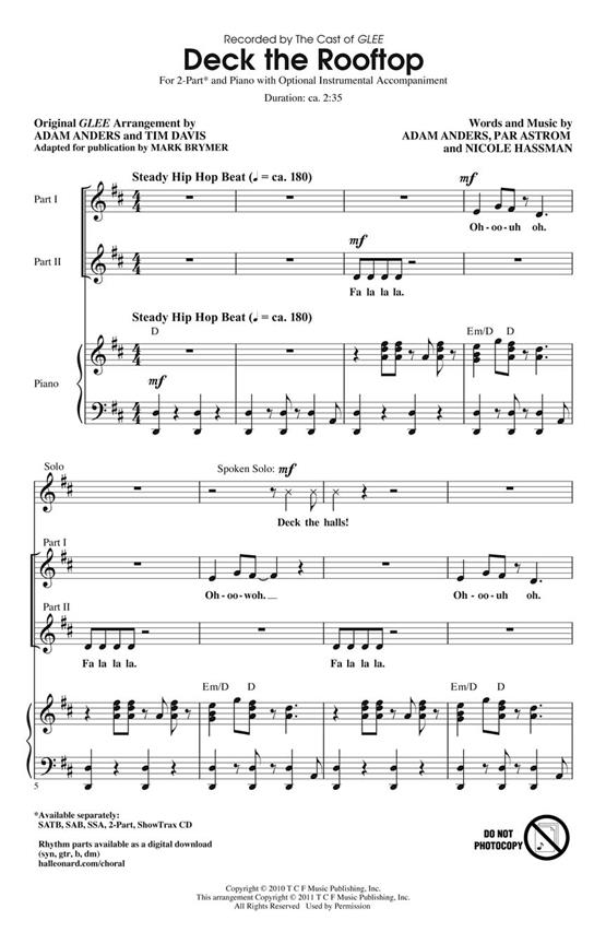 DECK THE ROOFTOP FROM GLEE (BRYMER MARK) 2 PART CHORAL SHEET MUSIC