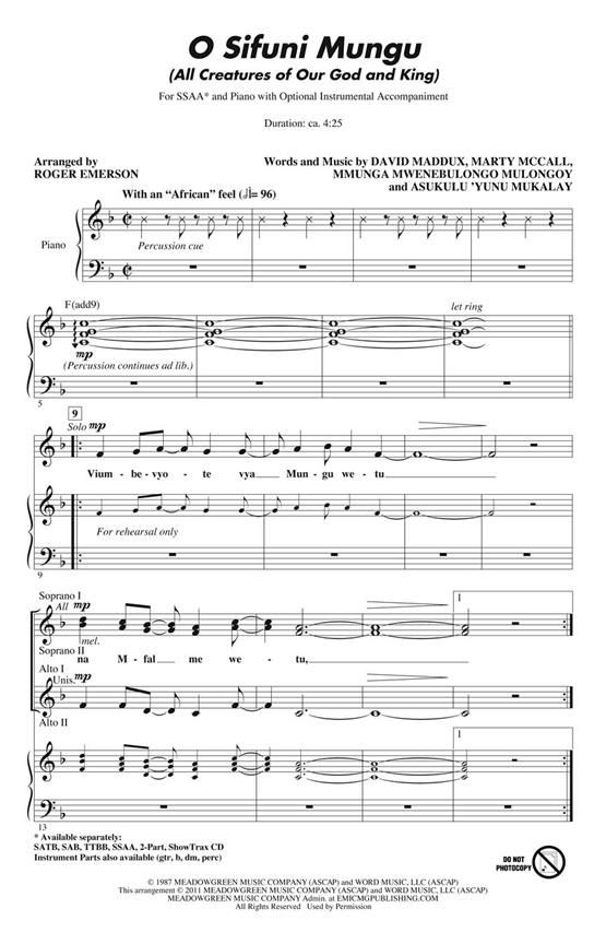 MADDUX DAVID O SIFUNI MUNGU (ARR EMERSON ROGER) SSAA CHORAL