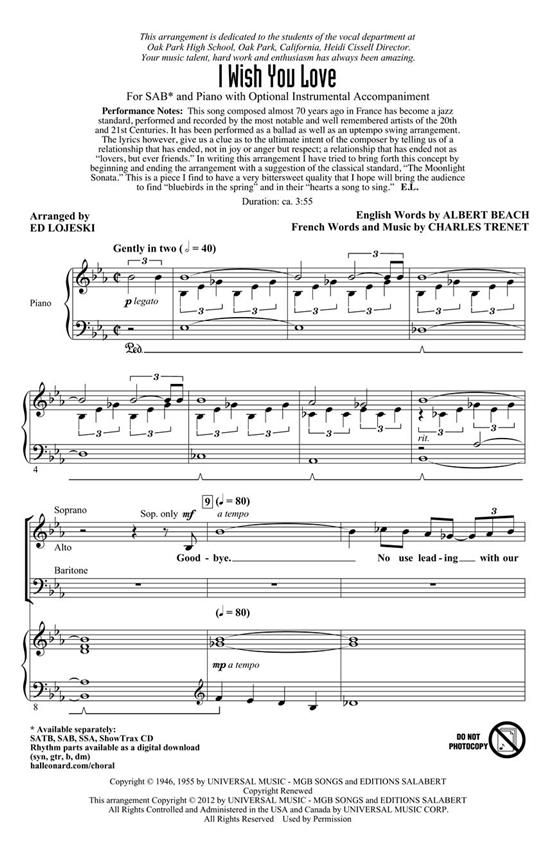 Trenet Charles I Wish You Love (Arr Lojeski Ed) Sab Choral