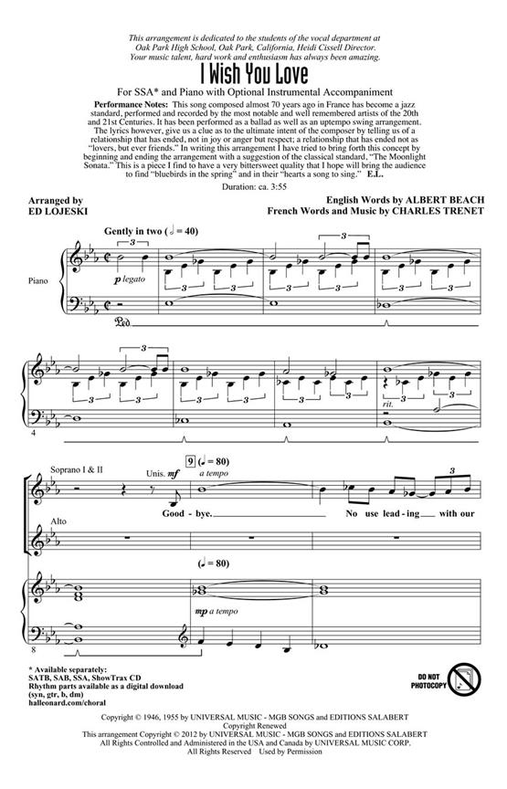 TRENET CHARLES I WISH YOU LOVE (ARR LOJESKI ED) SSA CHORAL