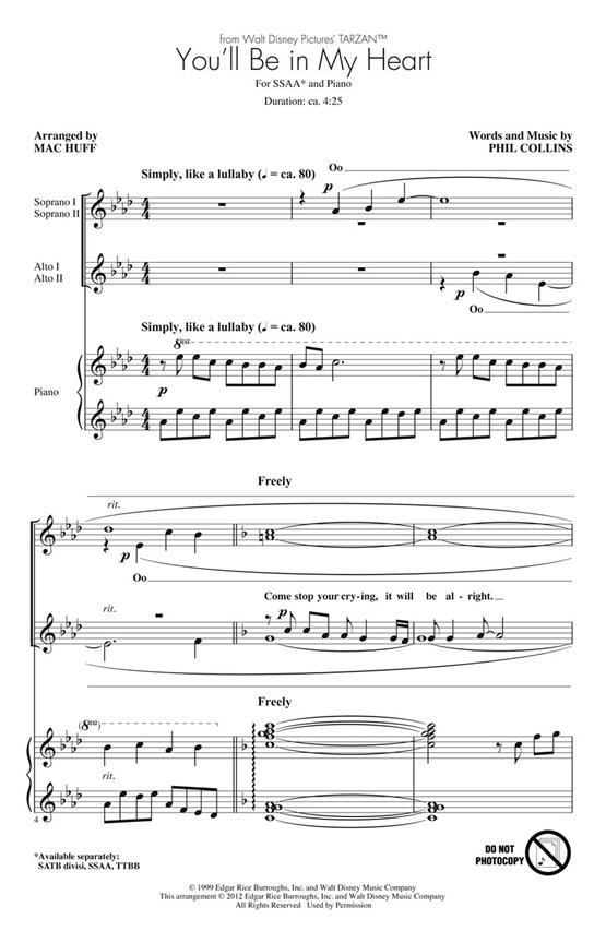 COLLINS PHIL YOU'LL BE IN MY HEART TARZAN (ARR HUFF MAC) SSAA CHOR