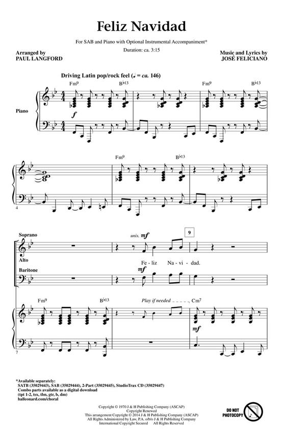 Feliciano Jose Feliz Navidad (Arr Langford Paul) Sab Choral