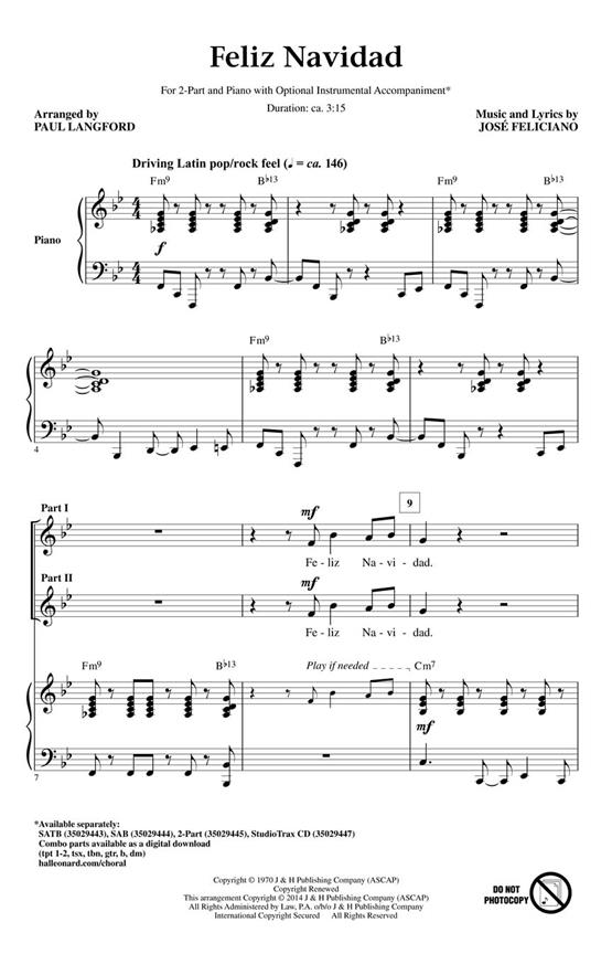 Feliciano Jose Feliz Navidad (Arr Langford Paul) 2 Part Choral