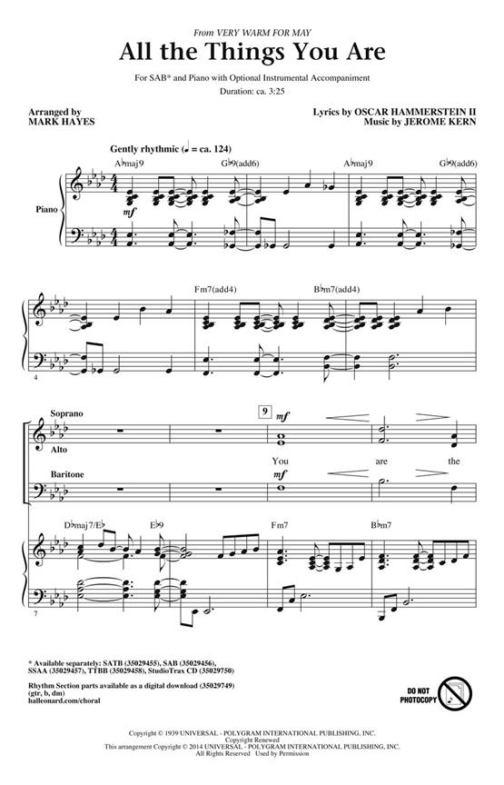 Kern/Hammerstein All The Things You Are (Arr Hayes Mark) Sab Choral