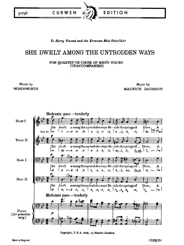 Jacobson, M She Dwelt Among The Untrodden Ways Ttbb/Piano