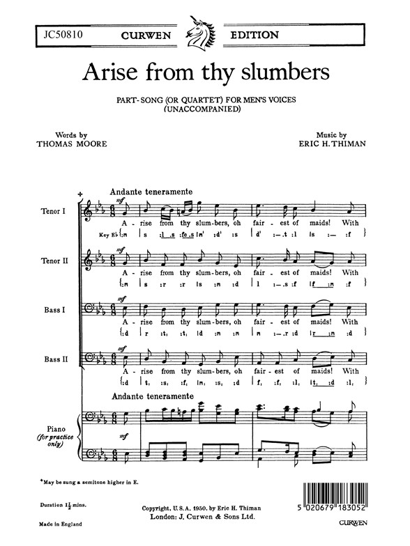 Thiman, E Arise From Thy Slumbers Ttbb/Pf