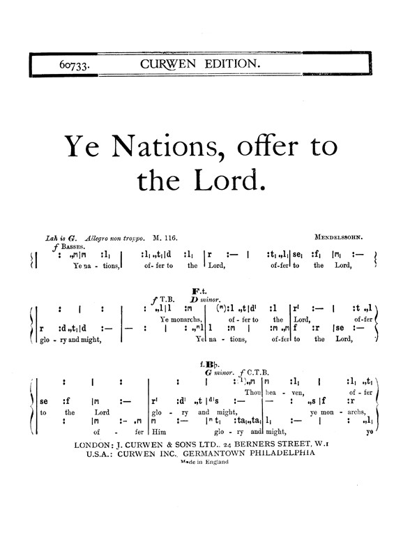 Mendelssohn Ye Nations, Offer To The Lord Satb Tonic Solfa