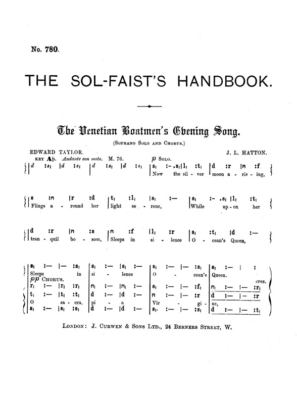 Hatton, J The Venetian Boatmen's Evening Song Satb Tonic Solfa
