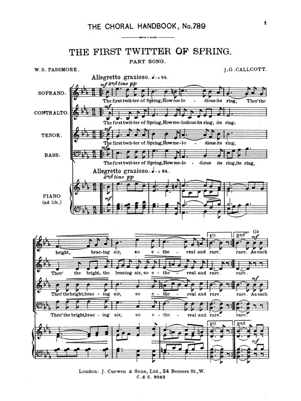Callcott The First Twitter Of Spring Satb