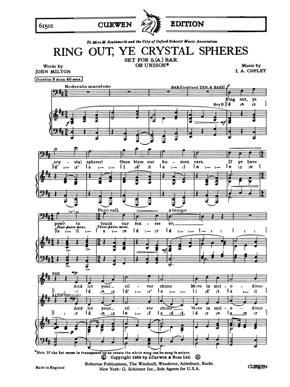 Copley, I Ring Out, Ye Crystal Spheres S(A)Bar/Pf