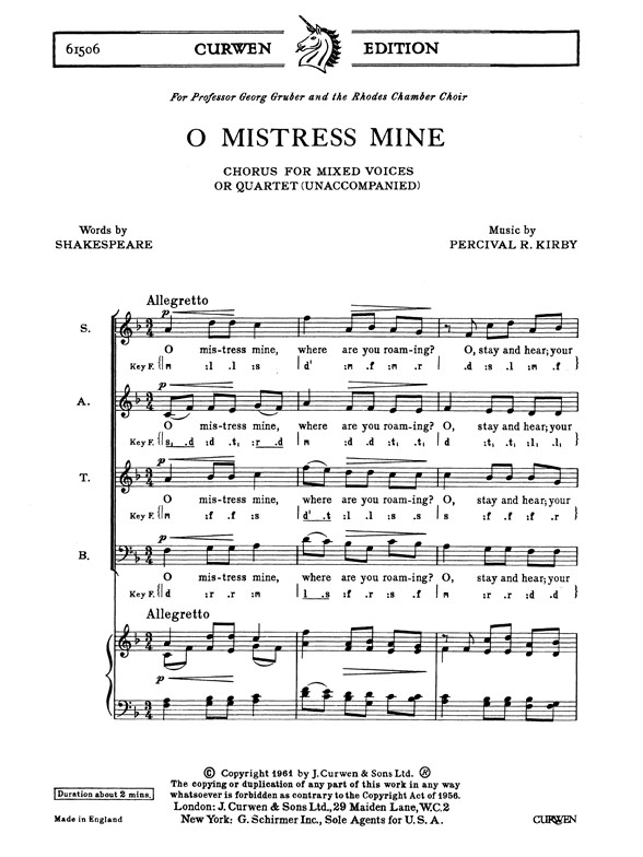 Kirby O Mistress Mine Satb