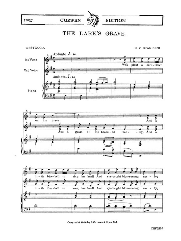 Stanford, Cv The Lark's Grave 2pt/Piano