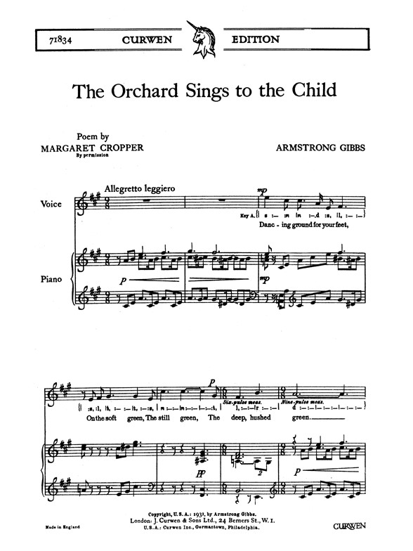 Cecil Armstrong Gibbs: The Orchard Sings To The Child (Unison And Piano)