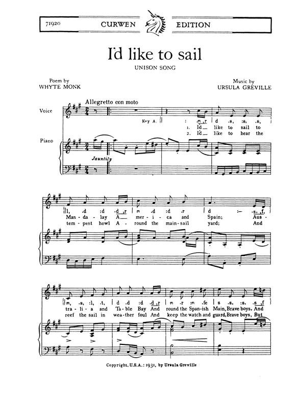 Greville, U I'd Like To Sail Unison/Piano