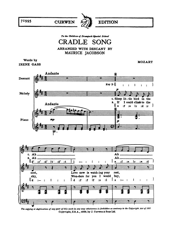 Mozart, Wa Cradle Song Unison+descant/Piano