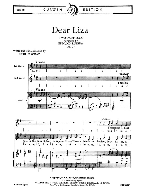 Rubbra, E Dear Liza 2pt/Piano