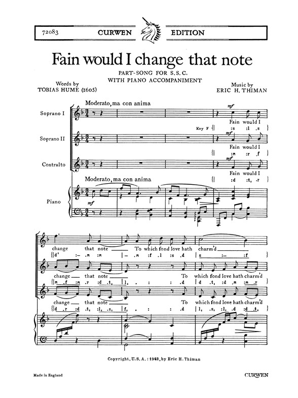 Thiman, E Fain Would I Change That Note Ssa/Piano