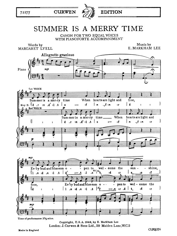 Markham Lee, E Summer Is A Merry Time 2pt/Piano