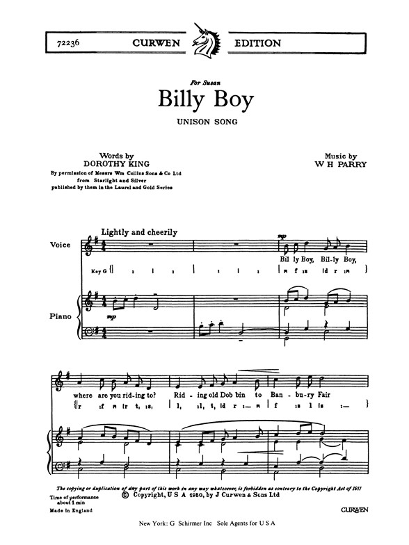 Parry, W Billy Boy Unison/Piano