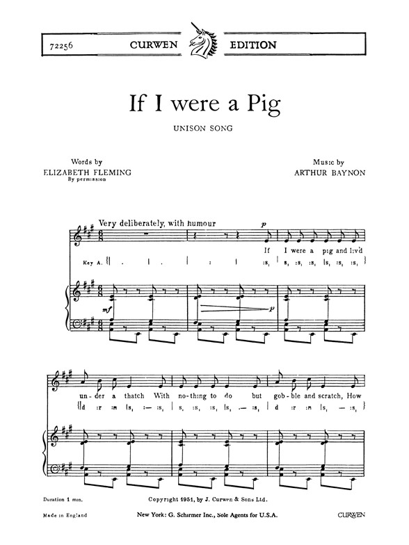 Baynon, A If I Were A Pig Unison/Piano
