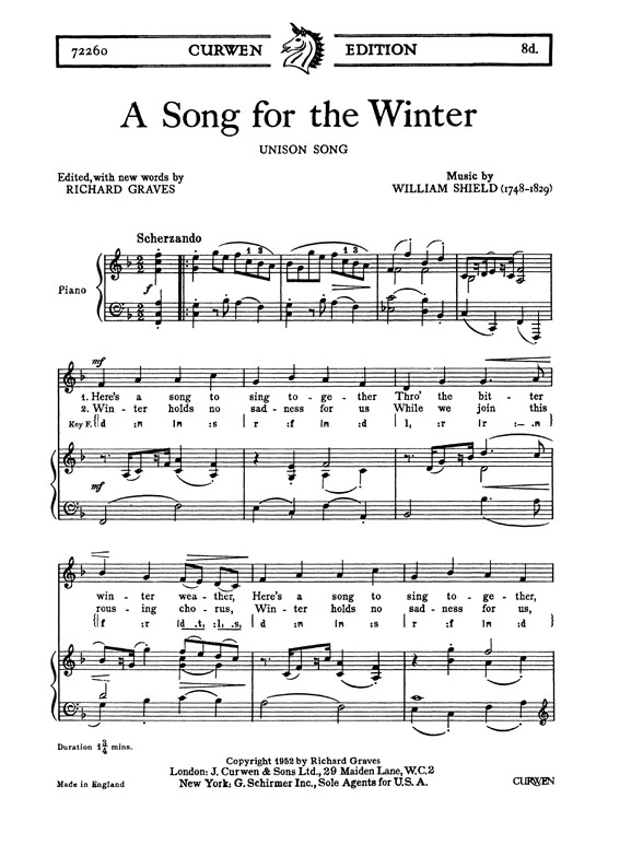 Shield, W A Song For The Winter Unison/Piano