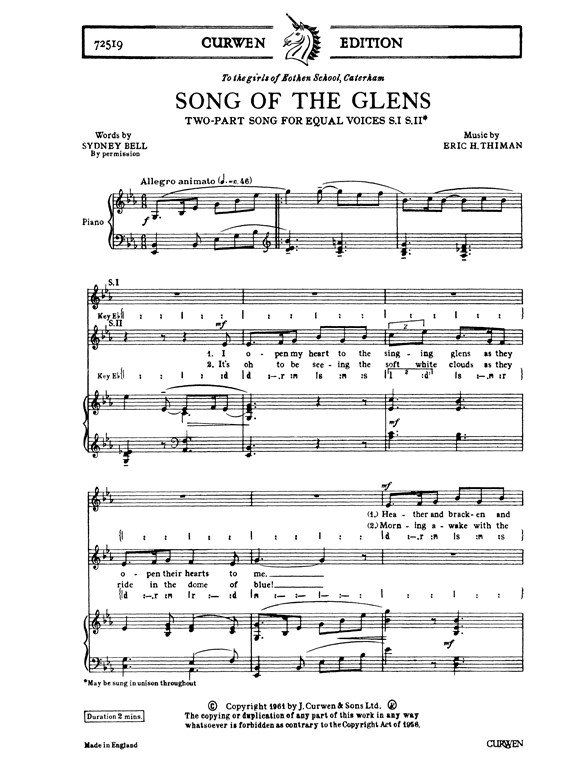 Thiman, E Song Of The Glens 2 Part