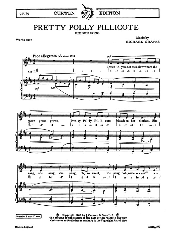 Graves, R Pretty Polly Pillicote Unison/Piano
