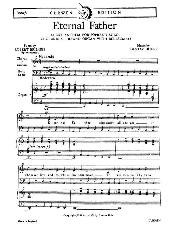 Holst, G Eternal Father Soprano Solo/Satb/Organ