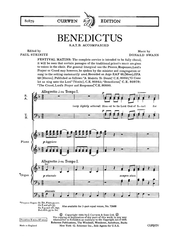 Swann, D Benedictus Satb/Piano Or Organ