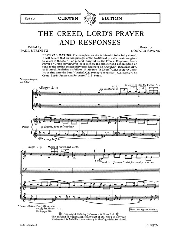Swann, D The Creed, Lord's Prayer And Responses Satb/Piano