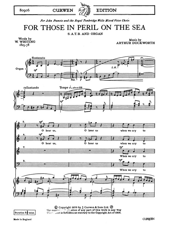 Duckworth, A For Those In Peril On The Sea Satb/Organ