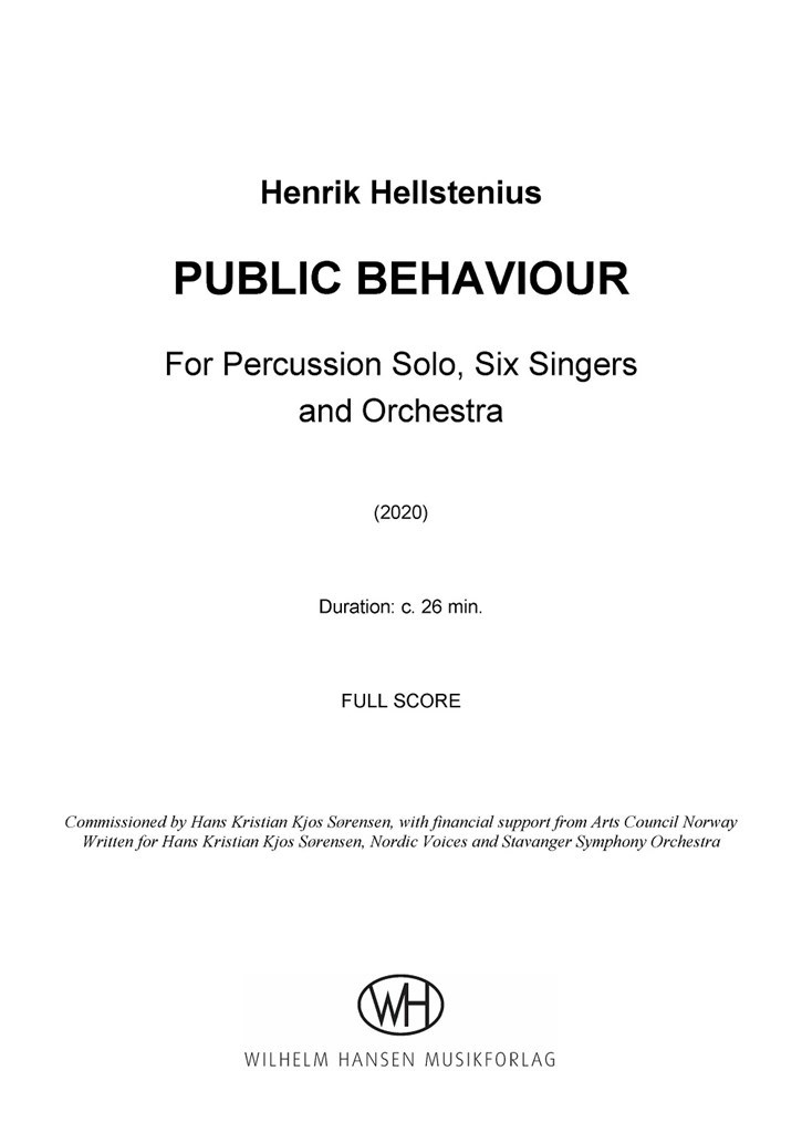 Public Behaviour : 2(pic).2.2(bcl).2(cbn)/4.3.2+btbn/3perc/hp.pf(syn)/str and solist perc, S,S,A,T,Bar,B