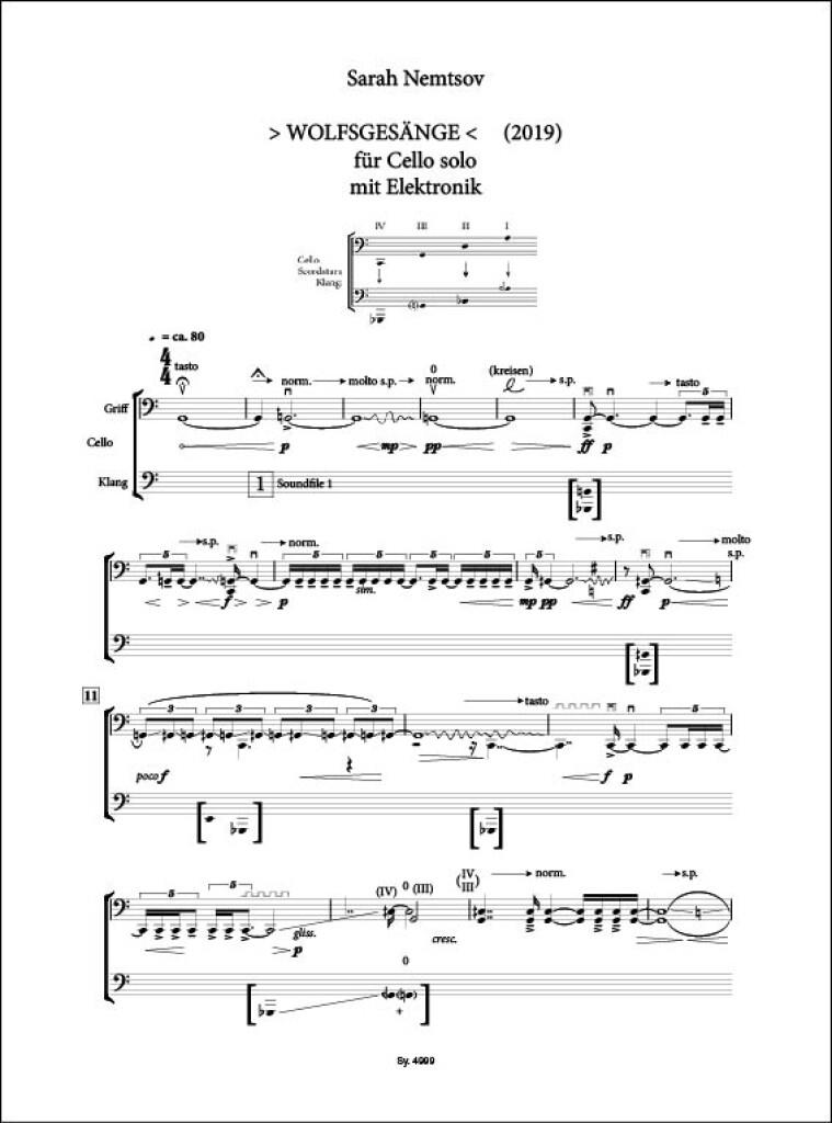 WOLFSGESÄNGE : für Violoncello solo mit Elektronik (Verstärkung und Zuspiel) und Video ad lib.